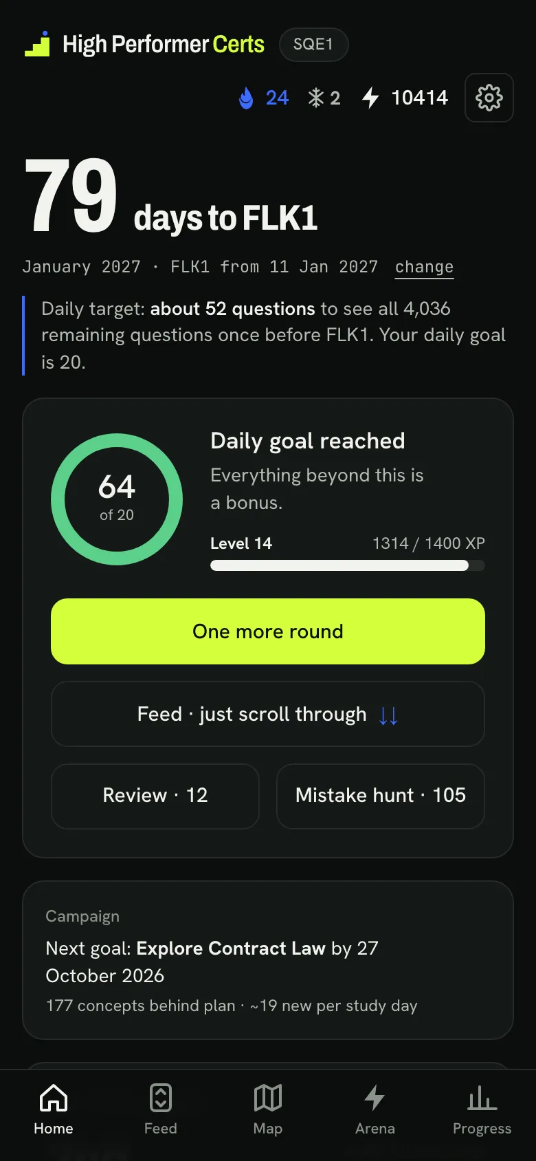 The app’s start screen: days until the SQE1 sitting, the daily goal and the streak.
